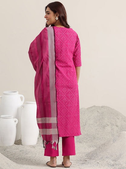 Ethnic Motifs Printed V-Neck Thread Work Straight Kurta With Trousers & Dupatta