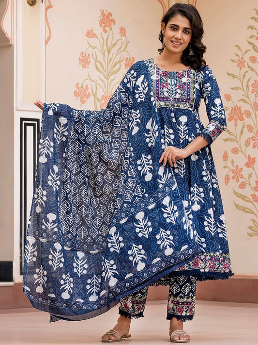 Dhiyona KL Floral Printed Mirror Work Straight Pure Cotton Kurta With Trousers & Dupatta