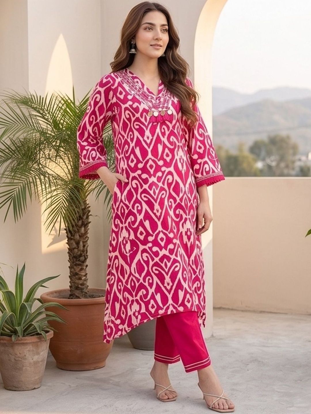 Pink Women Ethnic Motifs Printed Regular Thread Work Pure Cotton Kurta with Trousers