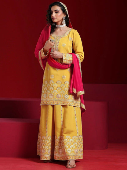 Women's LB Art Yellow Embroidered Silk Blend Straight Suit With Dupatta