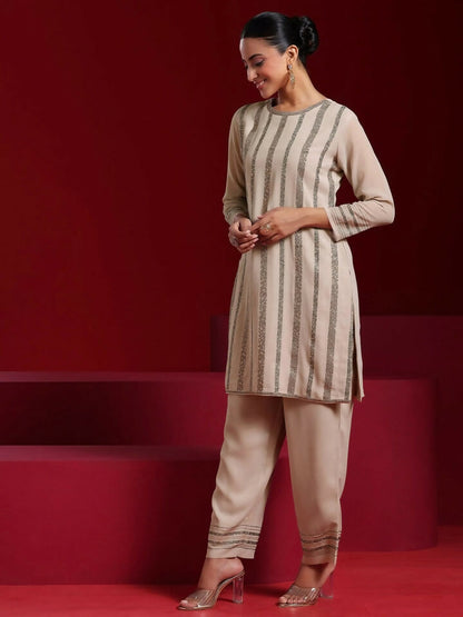 Women's LB Art Taupe Striped Georgette Straight Suit With Dupatta