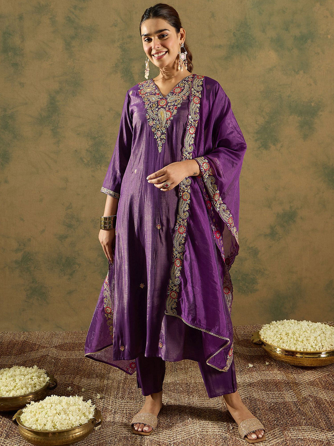 Ethnic Motifs Embroidered Kurta With Trousers & Dupatta