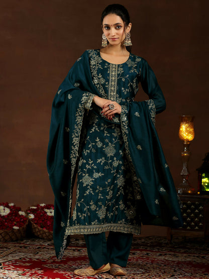 Women's LB Teal Embroidered Silk Blend Straight Suit With Dupatta