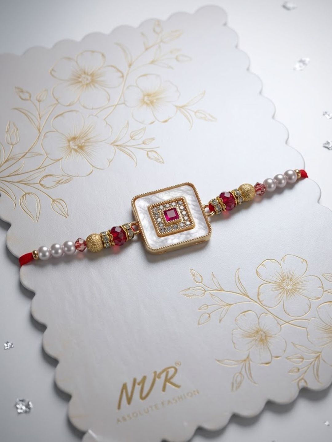Dhiyona Square Design Multicolor Artificial Stones & Pearls Thread Rakhi With Roli Chawal
