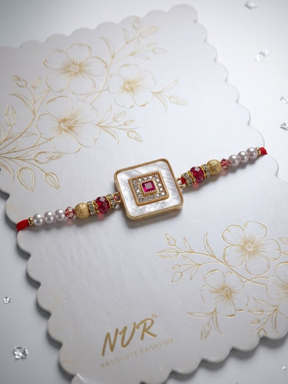Dhiyona Square Design Multicolor Artificial Stones & Pearls Thread Rakhi With Roli Chawal