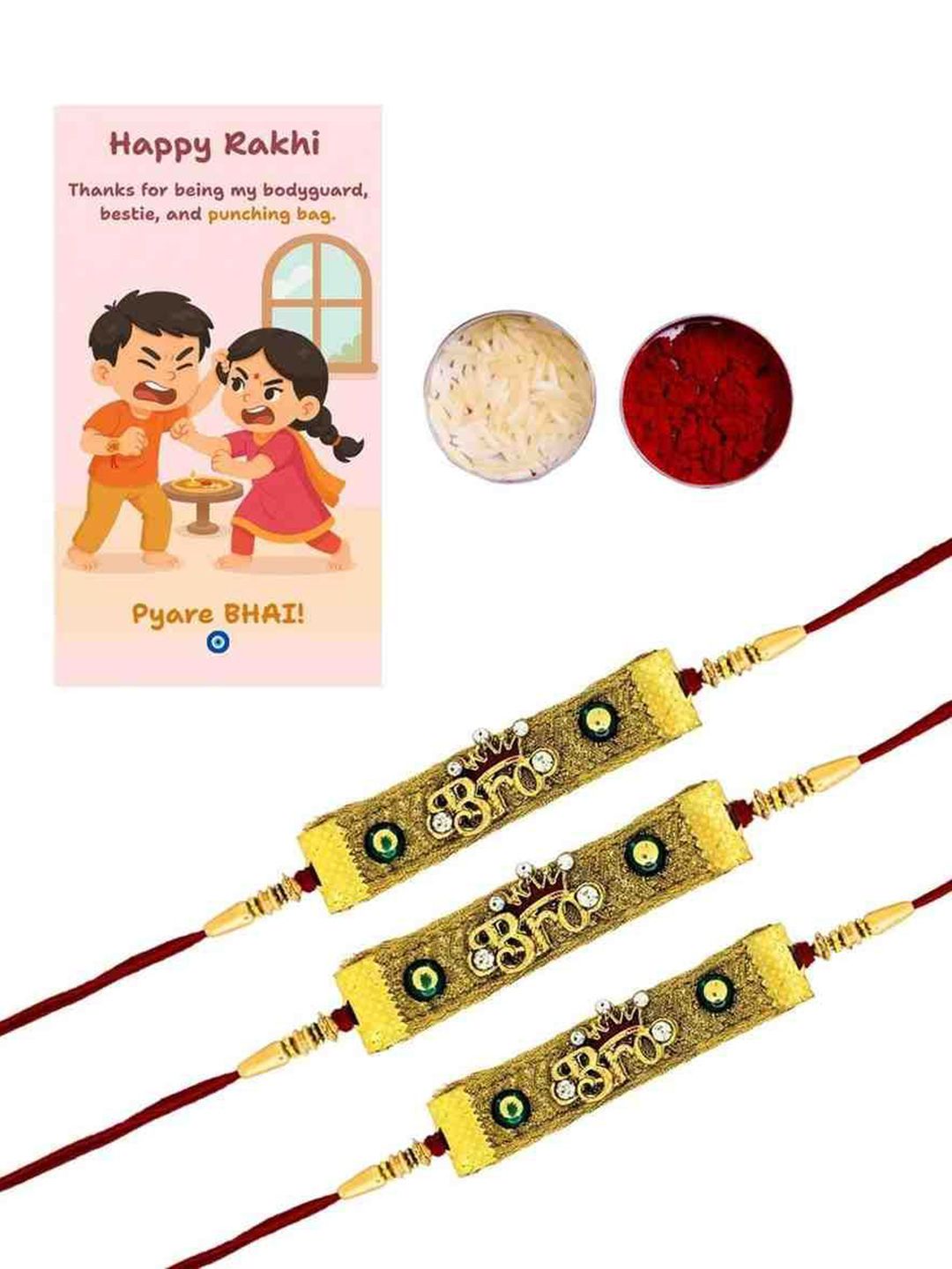 Dhiyona Set Of 3 Stones Studded And Beaded BRO Thread Rakhis With Roli And Chawal & Card