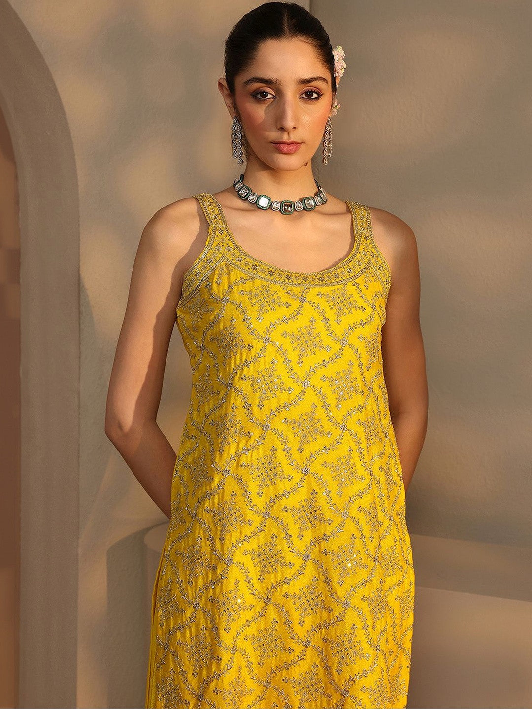 Women Ethnic Motifs Embroidered Regular Sequinned Kurta with Palazzos & With Dupatta
