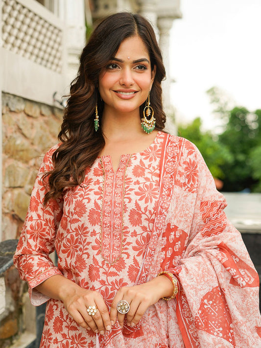 Dhiyona KL Floral Printed Notch Neck Straight Kurta & Trousers With Dupatta