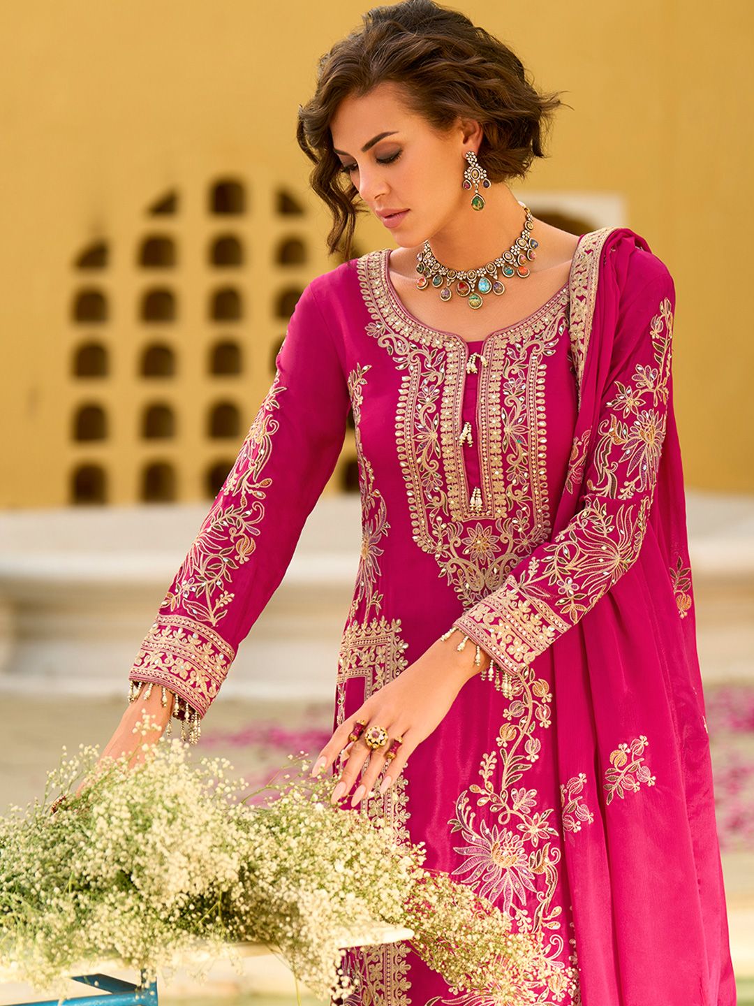 Dhiyona HOP Floral Embroidered Chinon Chiffon Kurta With Sharara & Dupatta