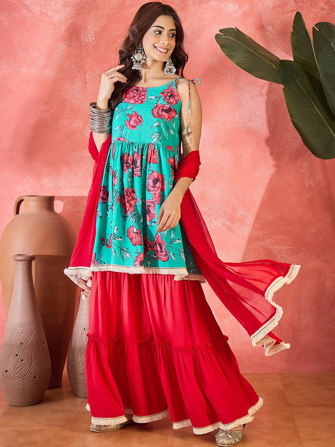 Floral Printed Kurta & Sharara Set With Dupatta