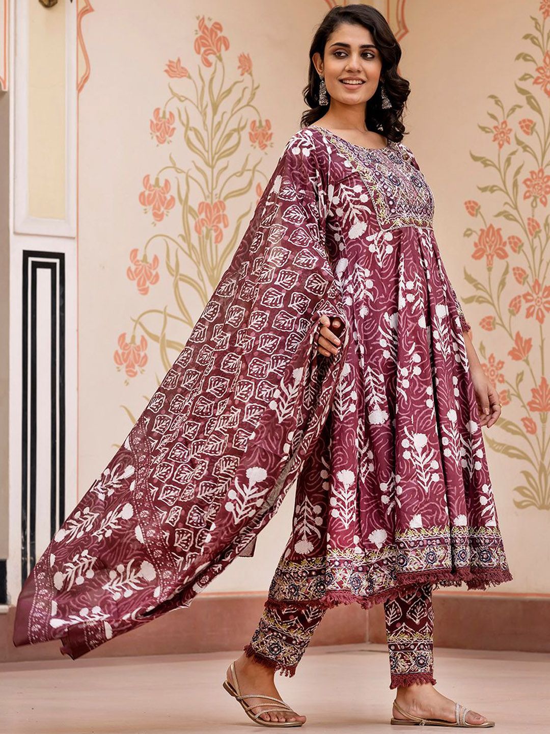 Dhiyona KL Floral Printed Mirror Work Pure Cotton Anarkali Kurta With Trouser & Dupatta