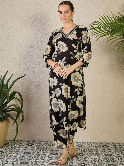 Dhiyona IE Women Floral Print Straight Kurta & Trousers Co-Ord Set