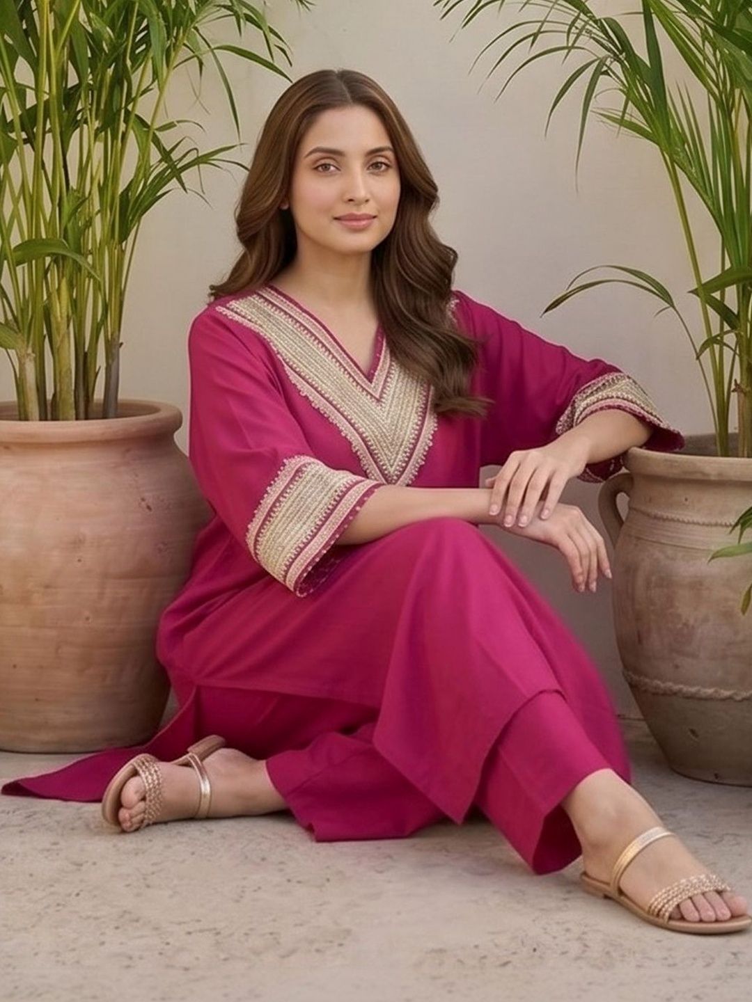 Red Women Yoke Design Regular Kurta with Trousers