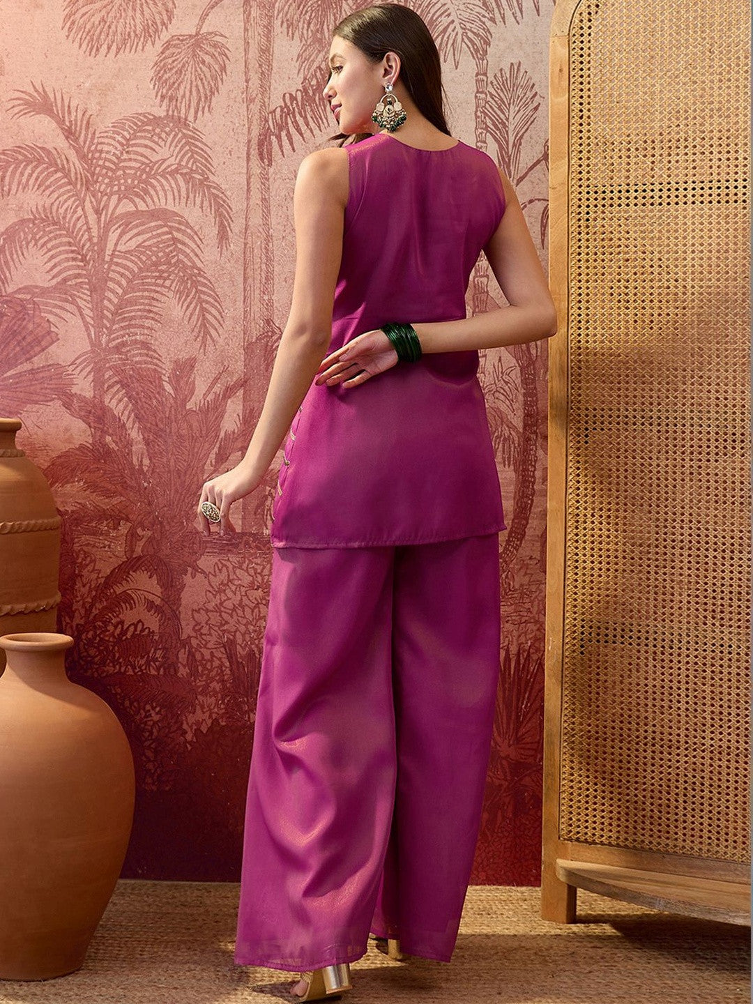 Embroidered V-Neck Kurta & Palazzos Kurta Sets