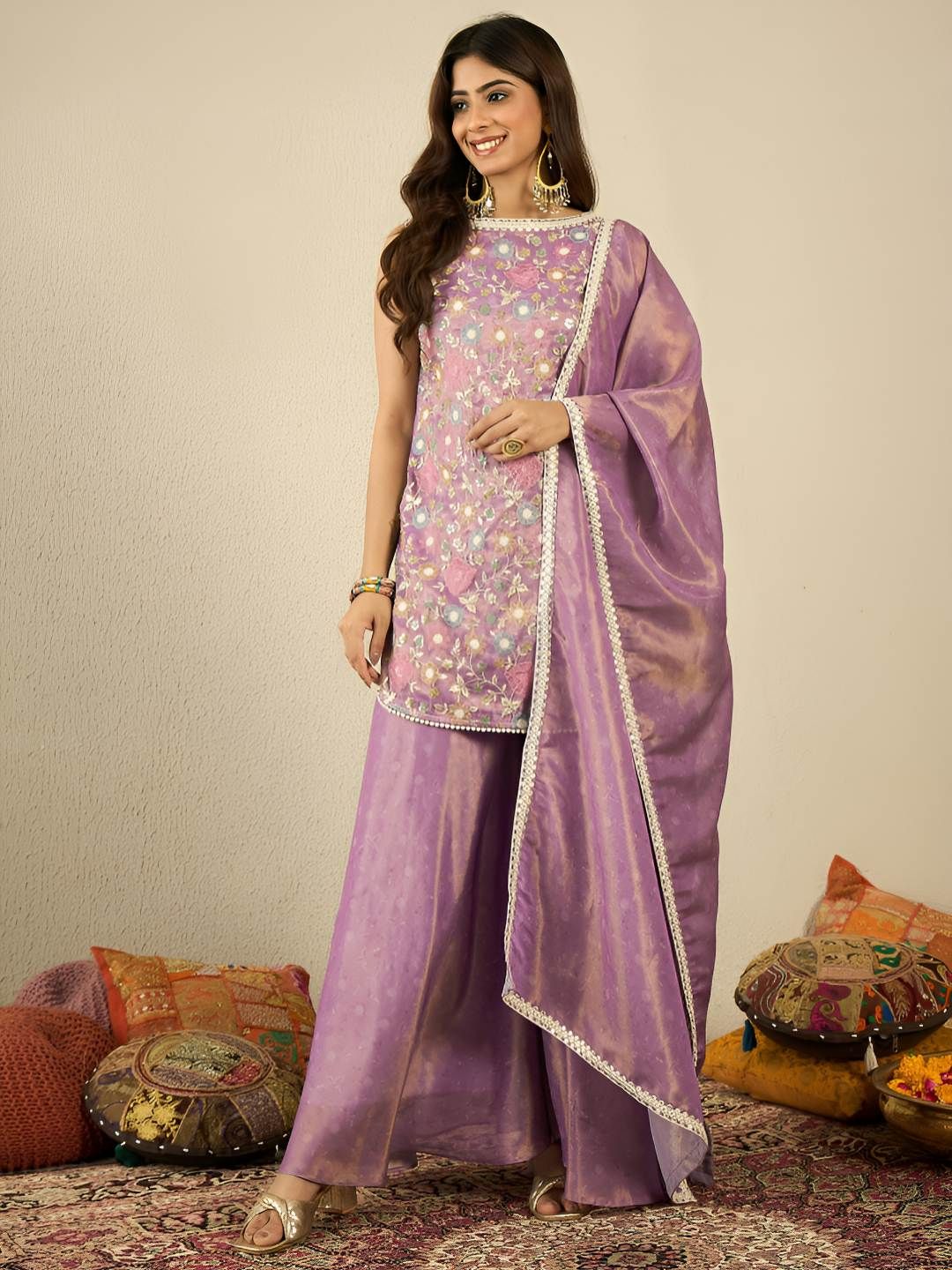 Dhiyona IN Floral Embroidered Thread Work Kurta With Sharara & Dupatta