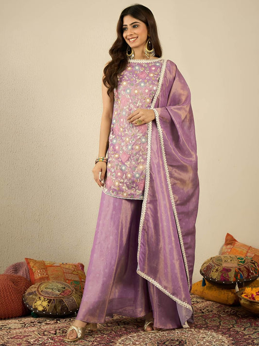 Dhiyona IN Floral Embroidered Thread Work Kurta With Sharara & Dupatta