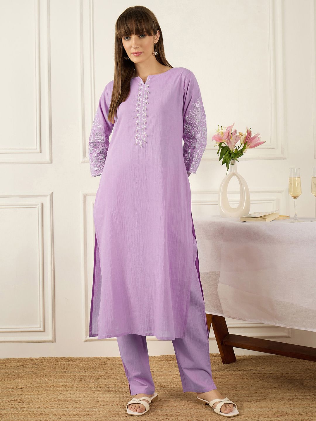 Dhiyona IE Floral Printed Thread Work Pure Cotton Kurta With Palazzos