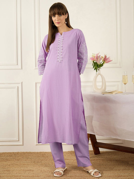 Floral Printed Thread Work Pure Cotton Kurta With Palazzos