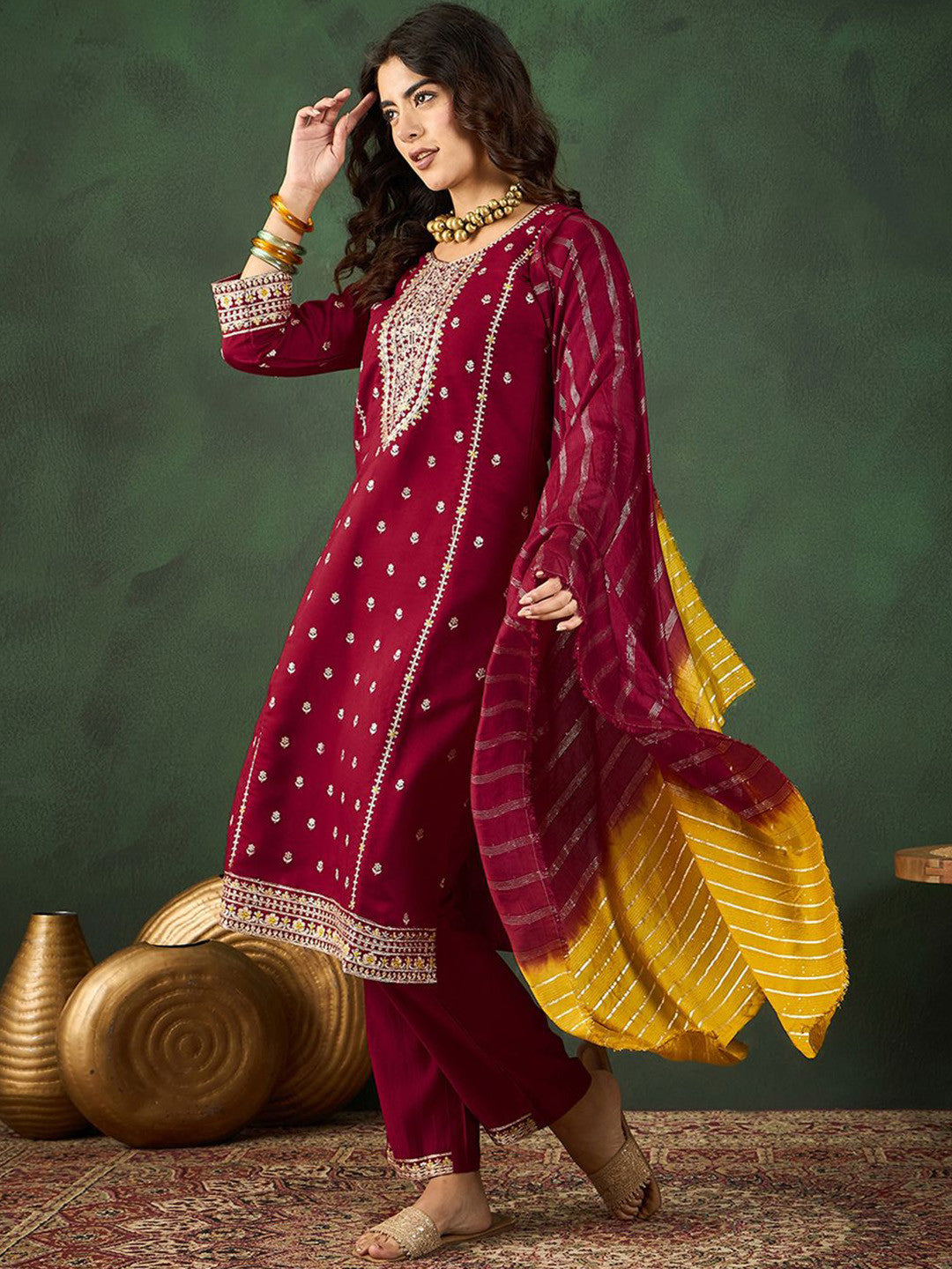 Round Neck Embroidered Straight Kurta Set