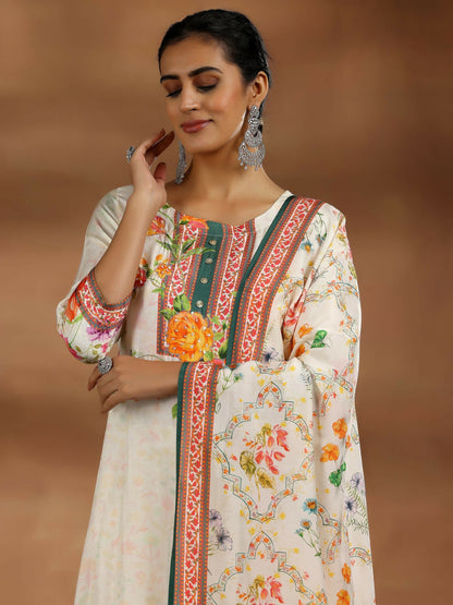 Women's LB Off White Printed Cotton Blend Straight Suit With Dupatta