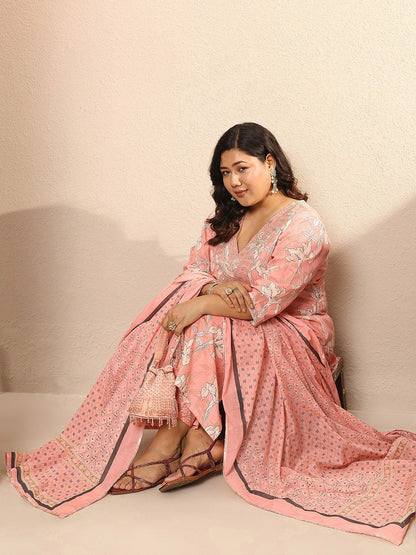 Dhiyona Women's Plus Size Floral Printed Regular Kurta with Trousers & With Dupatta