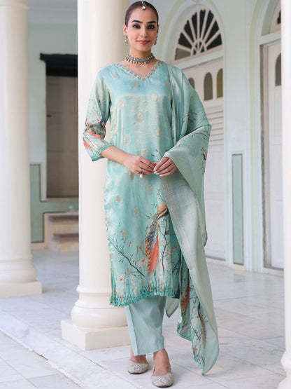 Dhiyona RR Women's Ethnic Motifs Printed Zari Chanderi Cotton Kurta With Trousers & Dupatta
