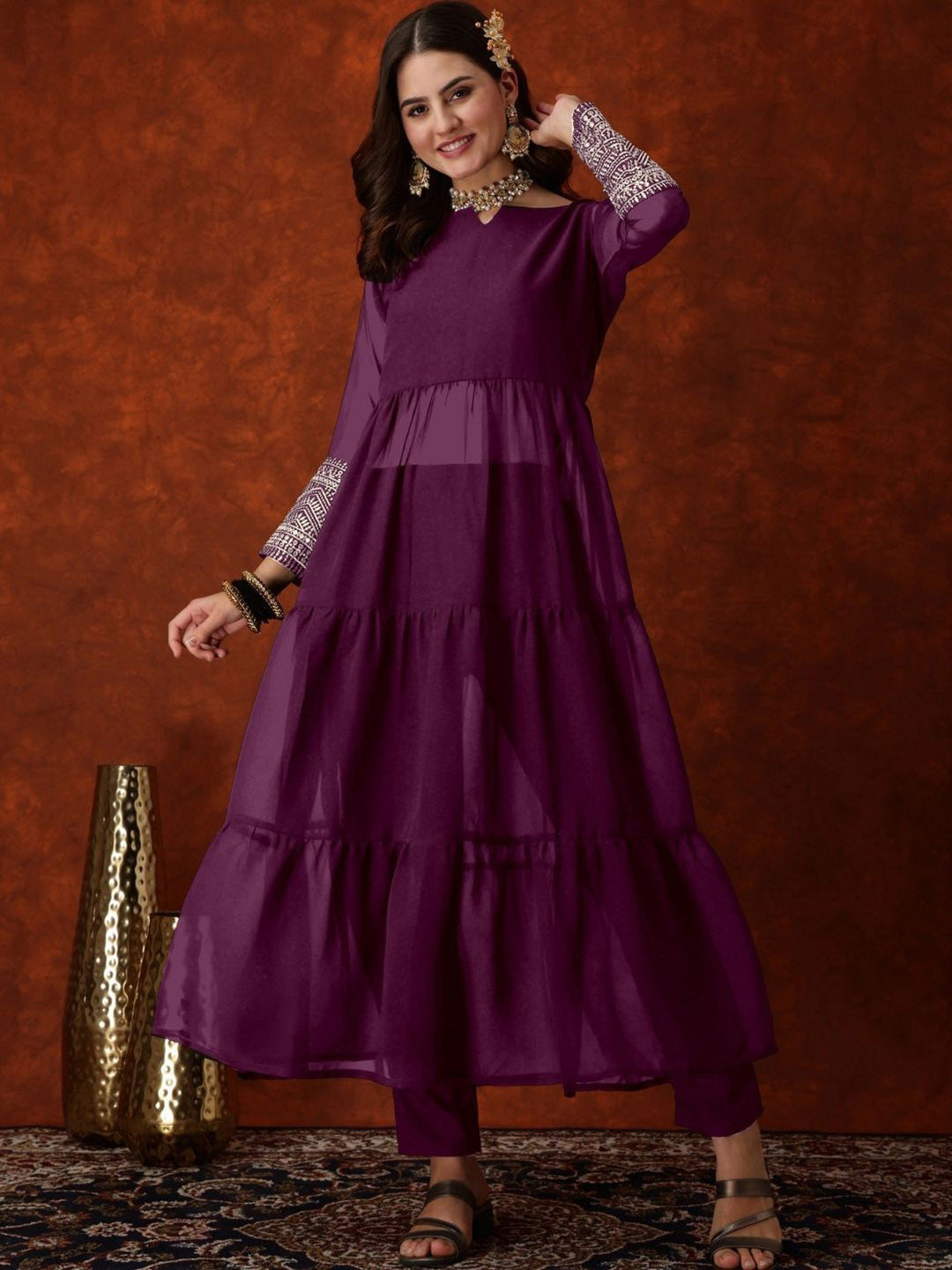 Floral Embroidered Anarkali Kurta Trousers With Dupatta