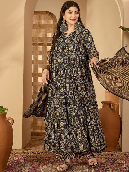 Women Ethnic Motifs Printed Tiered Pure Cotton Kurta with Palazzos & With Dupatta