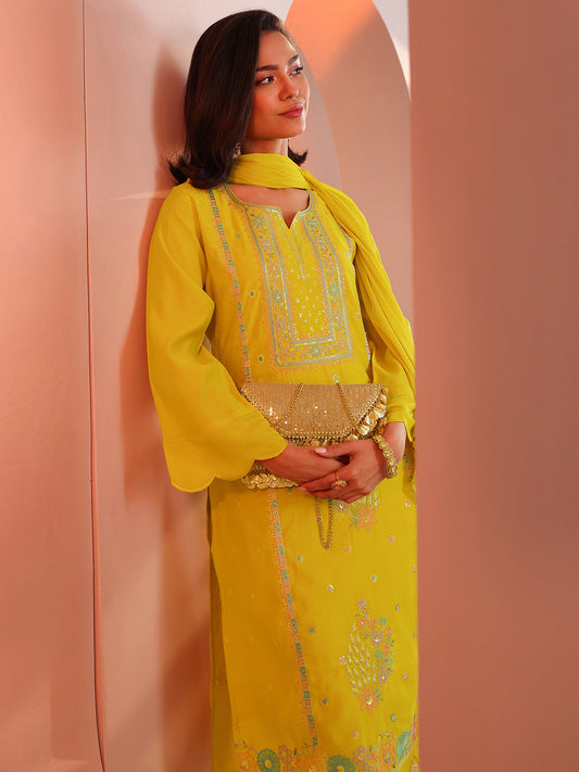 Floral Embroidered V-Neck Straight Thread Work Kurta With Trousers & Dupatta