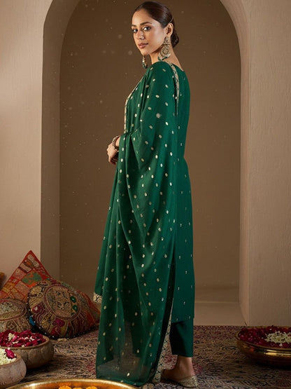 Women Ethnic Motifs Embroidered Regular Thread Work Kurta with Trousers & With Dupatta