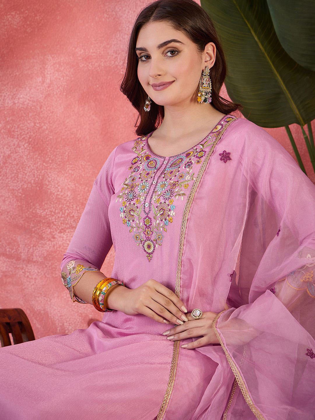 Floral Embroidered Thread Work Straight Kurta With Trousers & Dupatta