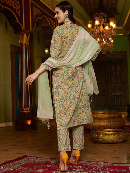 Floral Printed Pure Cotton Straight Kurta With Trousers & Dupatta Set