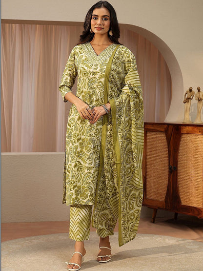 Green Paisley Printed Cotton Straight Suit Set