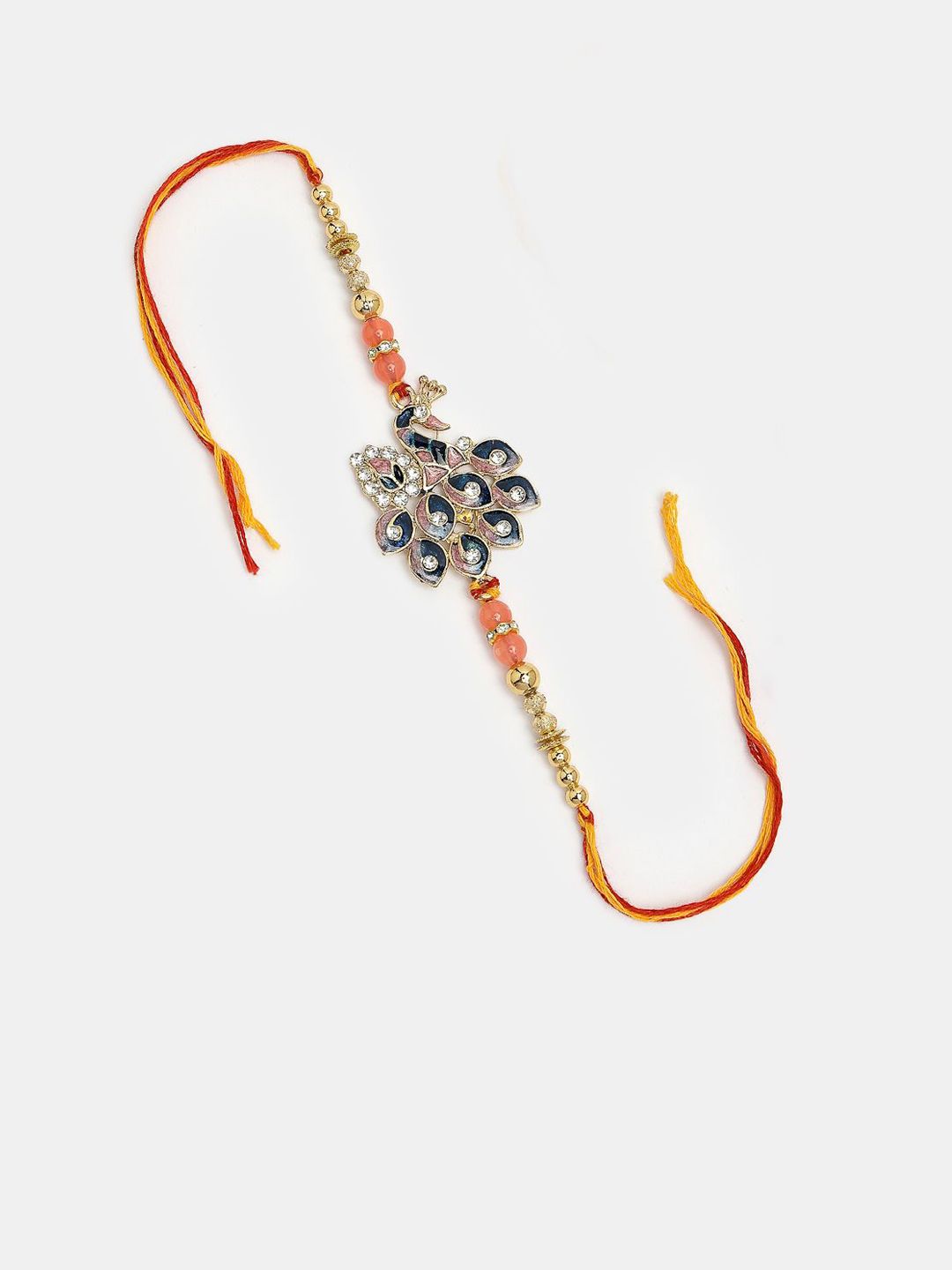 Dhiyona Unisex Set Of 2 Multicolor Peacock Design Stone & Beaded Bhaiya Bhabhi Rakhi
