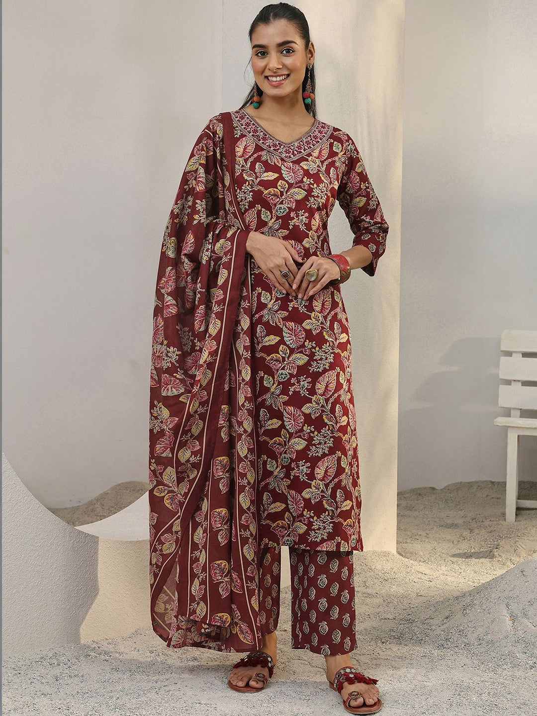 Libas Maroon Floral Printed Cotton Blend Straight Suit Set With Dupatta