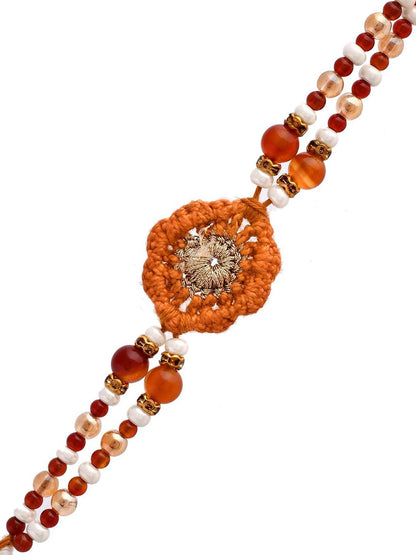 Dhiyona Brown Wool Knitted & Beaded Rakhi With Roli Chawal & Greeting Card