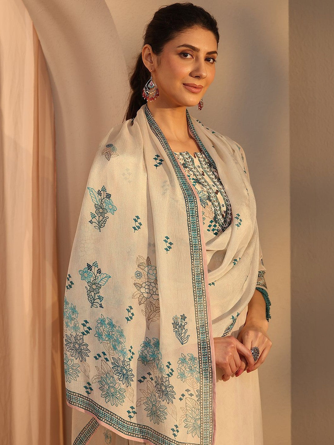 Off White Floral Printed Crepe Straight Suit Set With Dupatta
