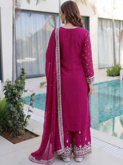 Dhiyona SN Embroidered Round Neck Straight Kurta & Sharara With Dupatta