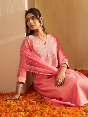 Women's Pink Embroidered Straight Kurta Trousers With Dupatta Set