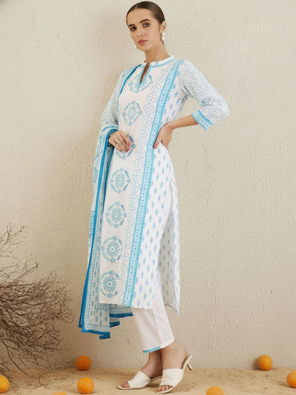 Ethnic Motifs Printed Notch Neck Pure Cotton Kurta With Trouser & Dupatta