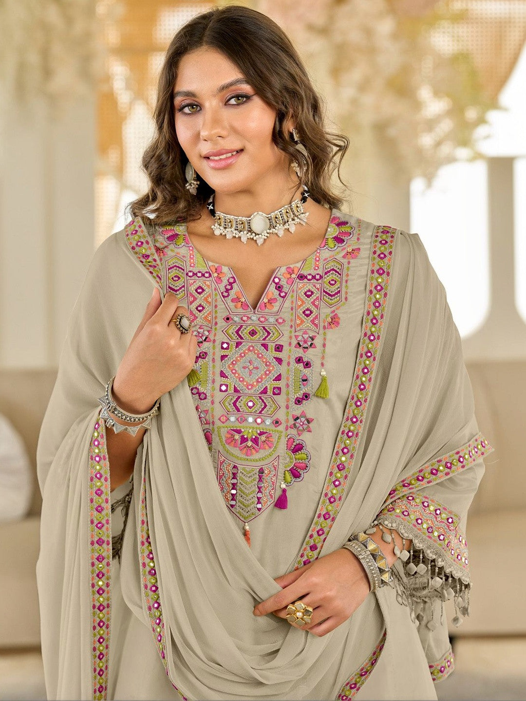 Women Ethnic Motifs Embroidered Panelled Beads and Stones Kurta with Salwar & With Dupatta
