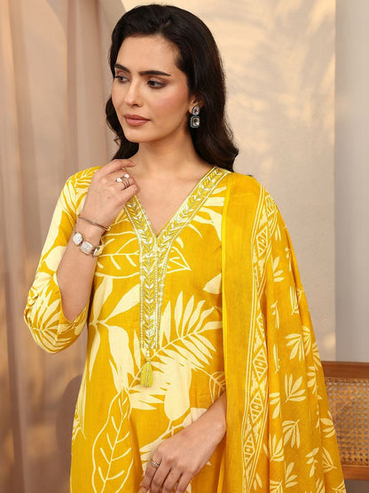 Mustard Floral Printed Cotton Straight Suit Set