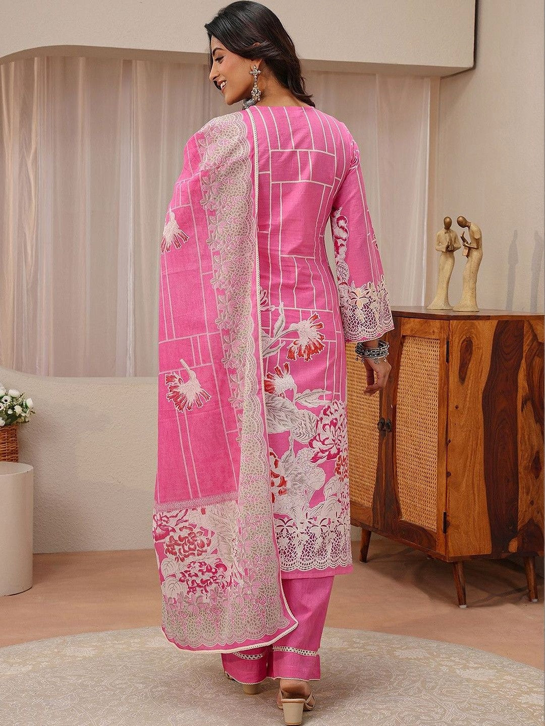 Pink Floral Printed Cotton Straight Suit Set