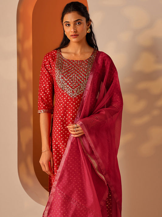 Bandhani Printed Sequnnied Straight Kurta With Trousers & Dupatta