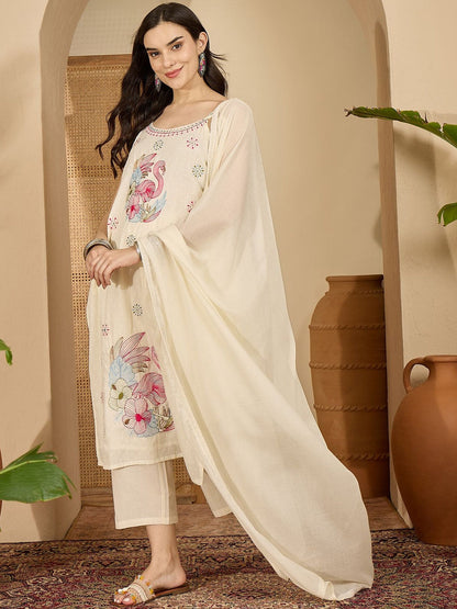 Women Ethnic Motifs Embroidered Regular Thread Work Pure Cotton Kurta with Trousers & With Dupatta