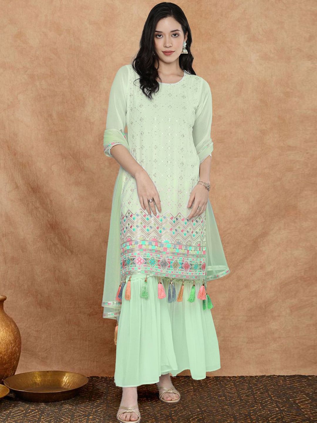 Dhiyona SN Women Sequin Embroidered Tassel-Detail Straight Kurta & Sharara With Dupatta