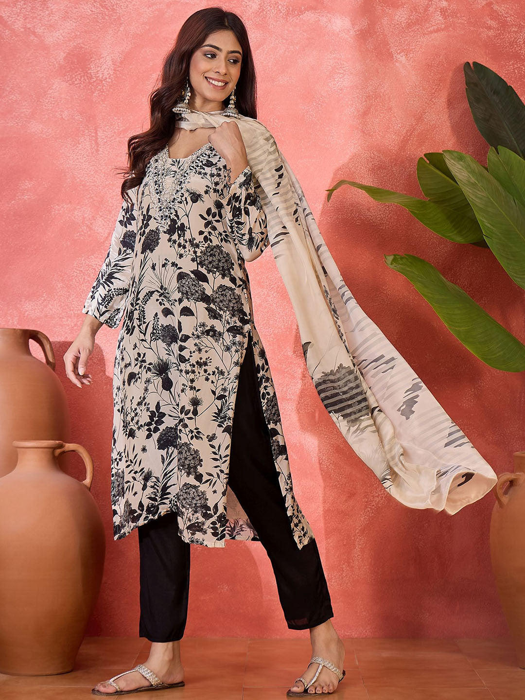 Women Floral Printed Silk Kurta with Trousers & Dupatta