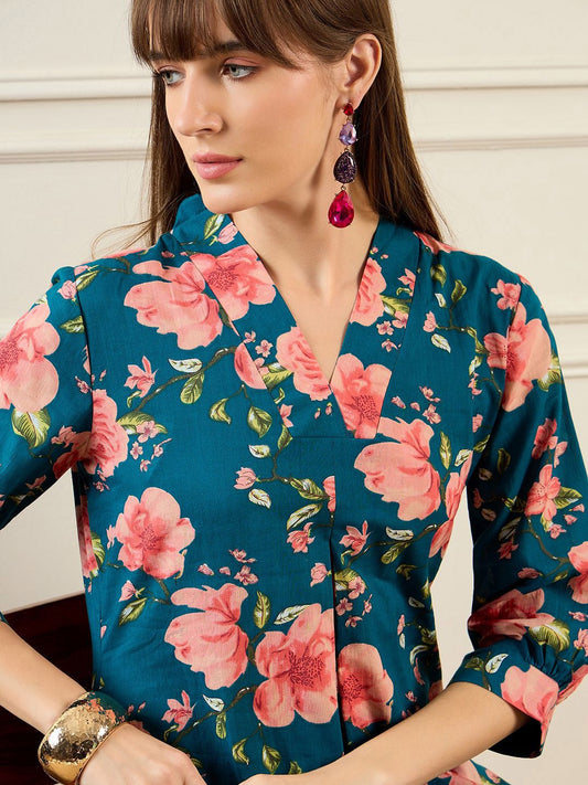 Dhiyona IE Floral Printed V-Neck Straight Tunic With Trousers