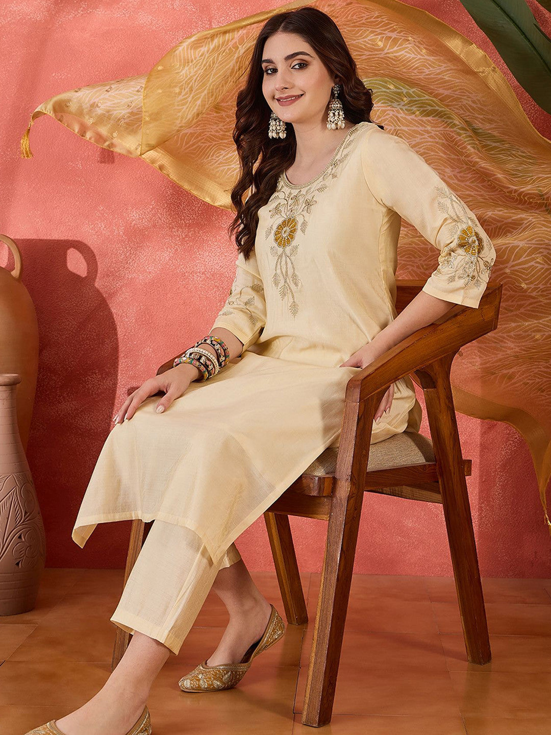 Embroidered Straight Kurta With Trouser & Dupatta Set