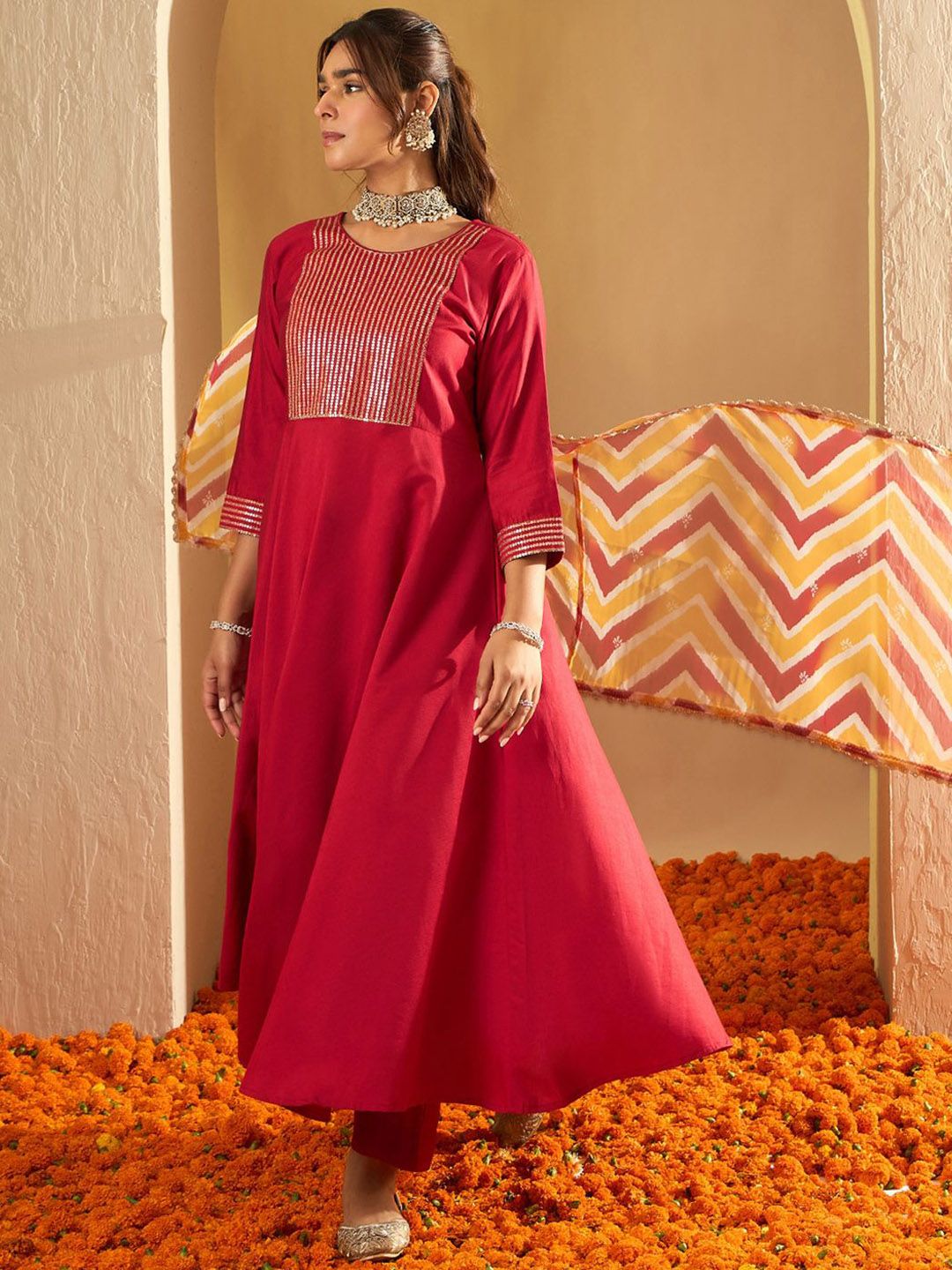 Dhiyona IE Chevron Embroidered Sequinned Liva A-Line Kurta With Trousers & With Dupatta